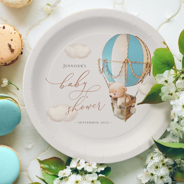 Blue Bear Balloon Baby Shower Paper Paper Plate (Creator Uploaded)