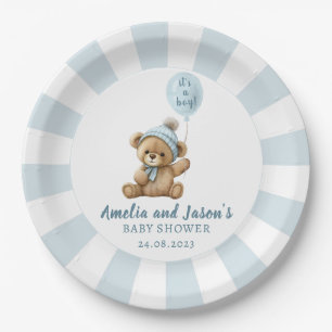 Blue bear balloon baby shower paper plates
