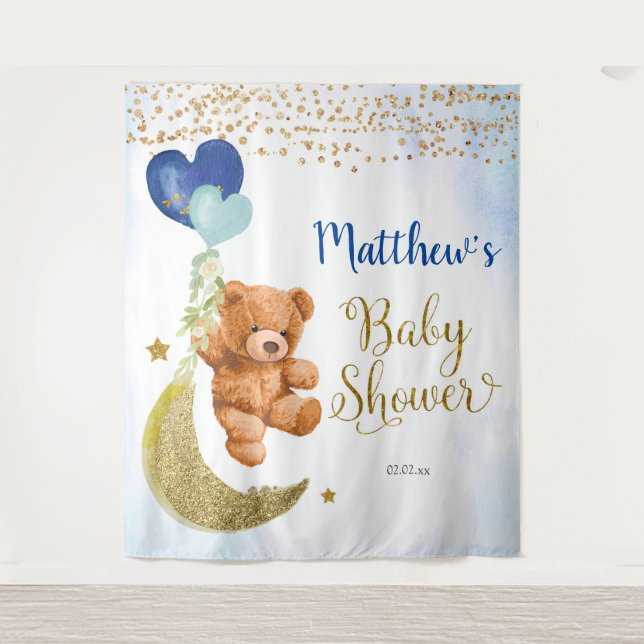 Blue Bear Balloon Baby Shower Sign Tapestry (Front)