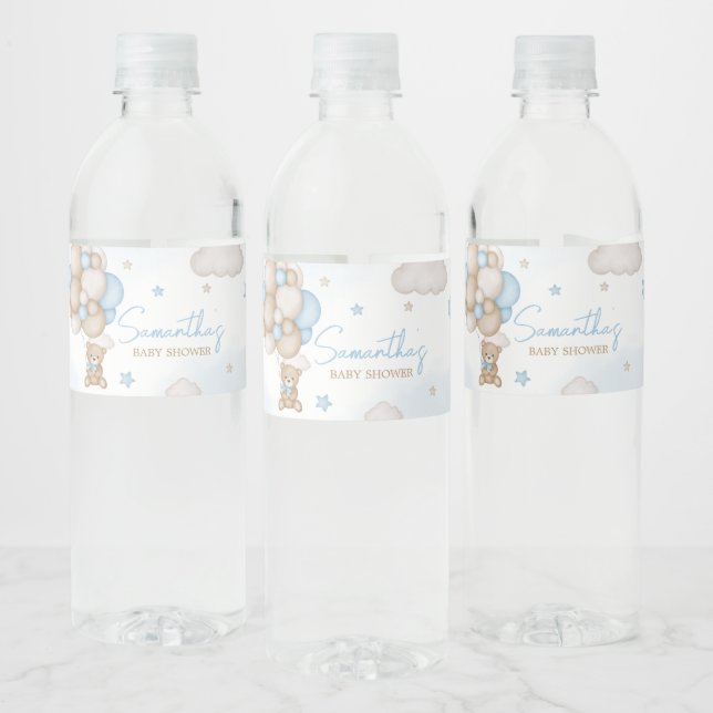 Blue Bear Balloon Baby Shower  Water Bottle Label (Bottles)