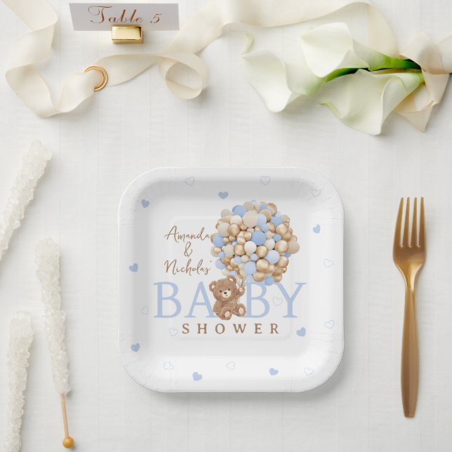 Blue Bear Balloon Bearly Wait  Baby Shower  Paper Plate (Wedding)