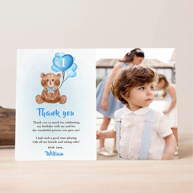 Blue Bear Balloon Birthday Photo Thank You Card (Creator Uploaded)