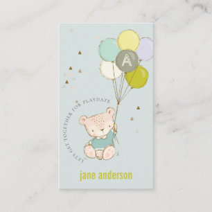 Blue Bear Balloon Monogram Kids Playdate Calling Business Card