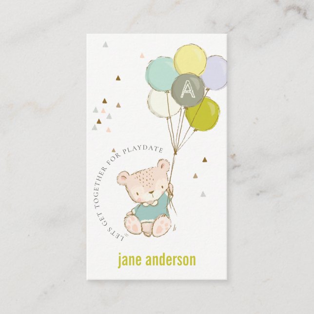 Blue Bear Balloon Monogram Kids Playdate Calling Business Card (Front)