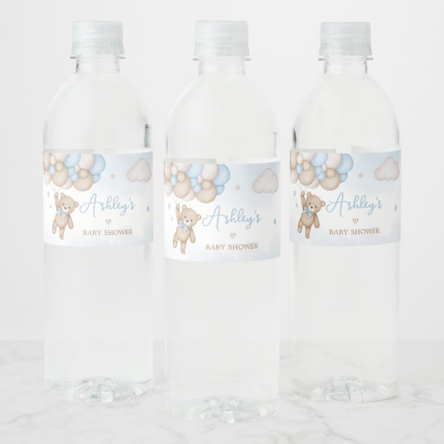Blue Bear Balloons Baby Shower  Water Bottle Label (Bottles)