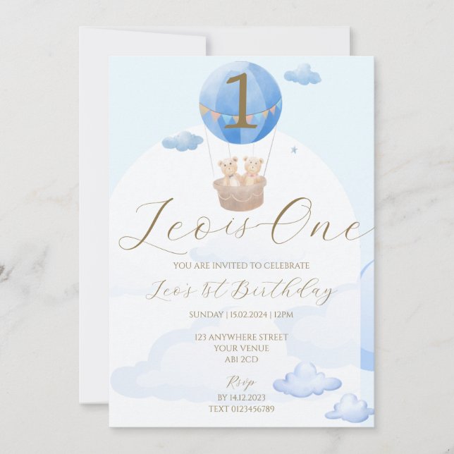 Blue Bear Balloons Kids 1st Birthday Invitation  (Front)