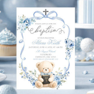 Blue Bear Baptism Bow Coquette Invitation