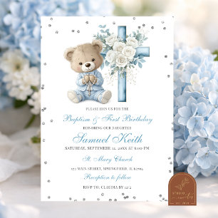 Blue Bear Baptism & First Birthday Invitation