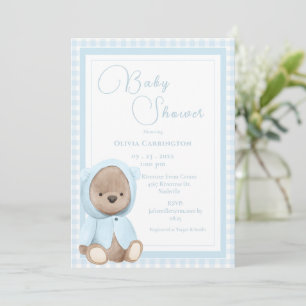 Blue Bear Gingham Vintage Baby Shower Invitation
