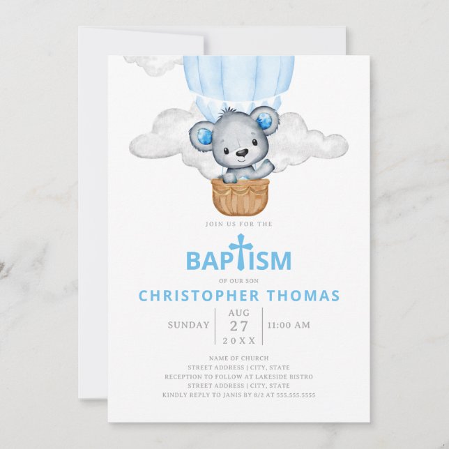Blue Bear Hot Air Balloon Boy Baptism Invitation (Front)