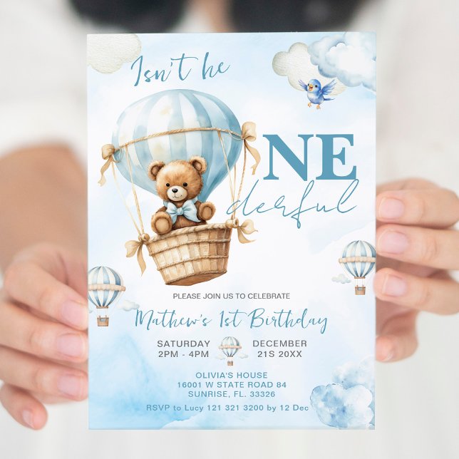 Blue Bear Hot Air Balloon Boys 1st Birthday  Invitation (Creator Uploaded)