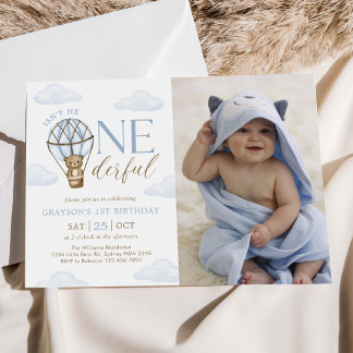 Blue Bear Hot Air Balloon Boys 1st Birthday Photo Invitation