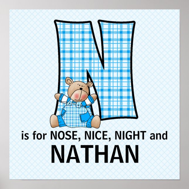 Blue Bear Monogrammed Letter N Baby Room Poster (Front)