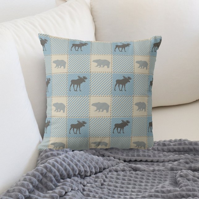 Blue Bear Moose Cabin Pattern Throw Pillow (Creator Uploaded)