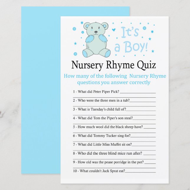 Blue bear Nursery Rhyme Quiz baby shower game (Front/Back)