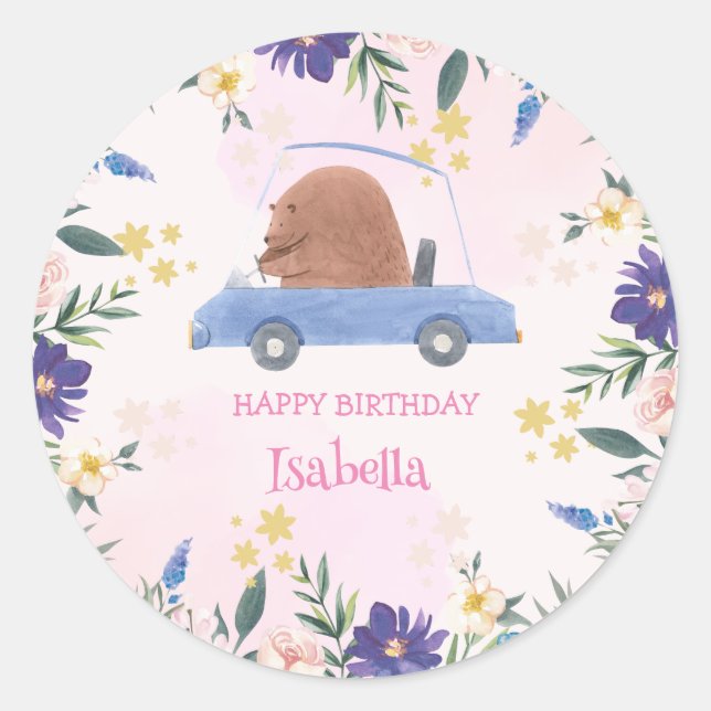 Blue Bear Race car Tropical flower Birthday party Classic Round Sticker (Front)