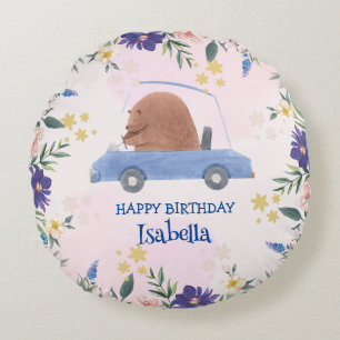 Blue Bear Race car Tropical flower Birthday party Round Pillow