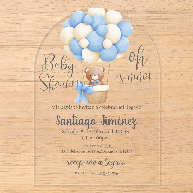 Blue Bear Spanish Baby Shower Boy Acrylic Invitations (Front)