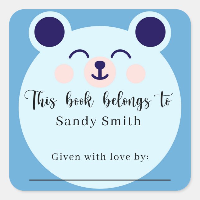 Blue Bear - This book belongs with message Square Sticker (Front)