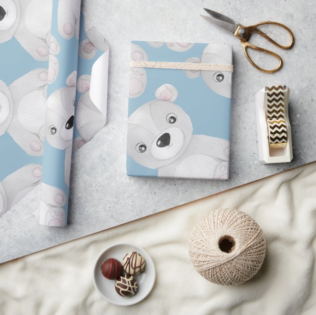 Blue Bear Watercolor Boy Baby Shower Wrapping Paper (Crafts)