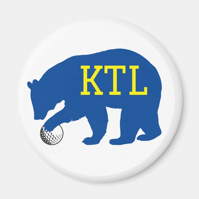 Blue Bear with Golf Ball & Yellow Initials or Name Magnet (Front)