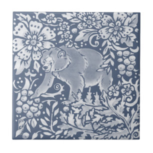 Blue Bear Woodland Forest Animal Floral Tile