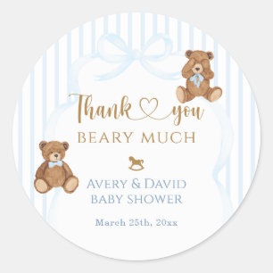 Blue Bearly Wait Baby Shower Elegant Stripe Classic Round Sticker