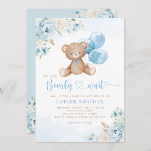 Blue Bearly Wait Boho Teddy Bear Boy Baby Shower  Invitation
