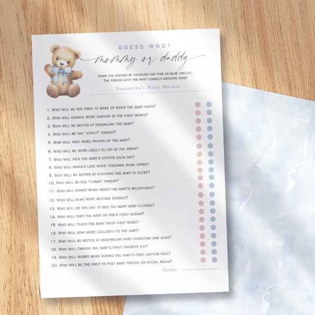 Blue Bearly Wait–Mommy or Daddy? 20-Questions game Advice Card (Bearly Wait Themed-Mommy or Daddy Baby Shower Games.)