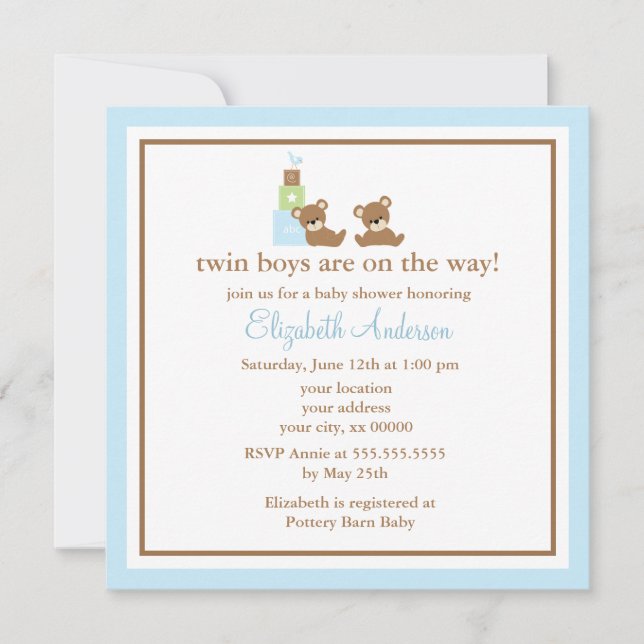 Blue Bears Twins Baby Shower Invitation (Front)