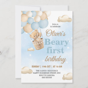 Blue Beary First Birthday Invitation