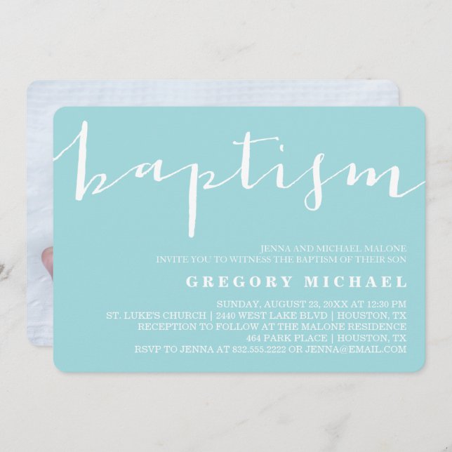 Blue Beautiful Calligraphy Baptism Invitation (Front/Back)