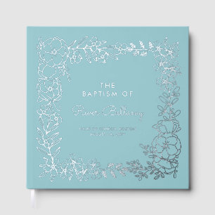 Blue Beautiful Silver Floral Frame Boy Baptism Guest Book