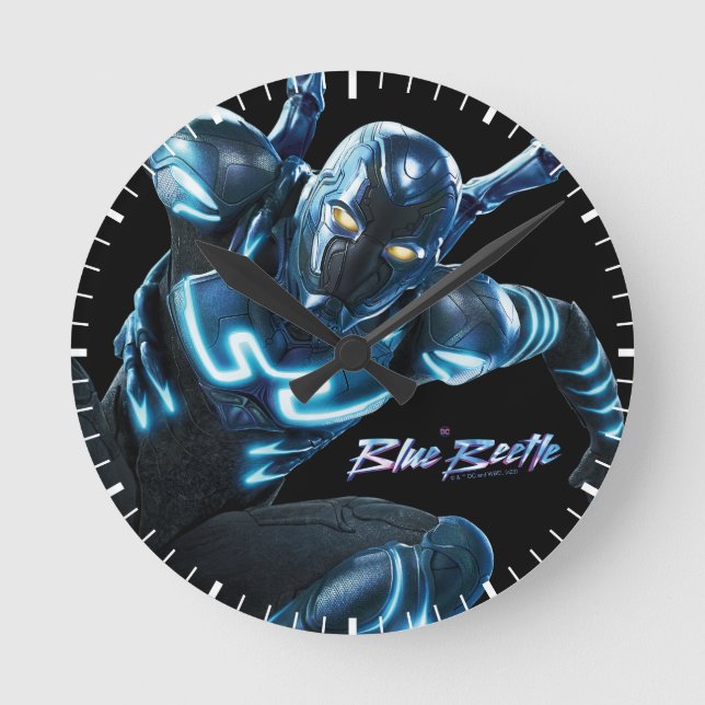 Blue Beetle Leaping Character Art Round Clock (Front)