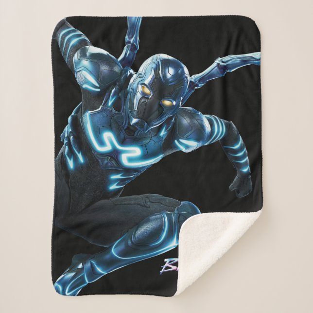 Blue Beetle Leaping Character Art Sherpa Blanket (Front)