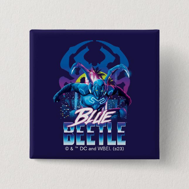Blue Beetle Retrowave City Sunset 2 Inch Square Button (Front)