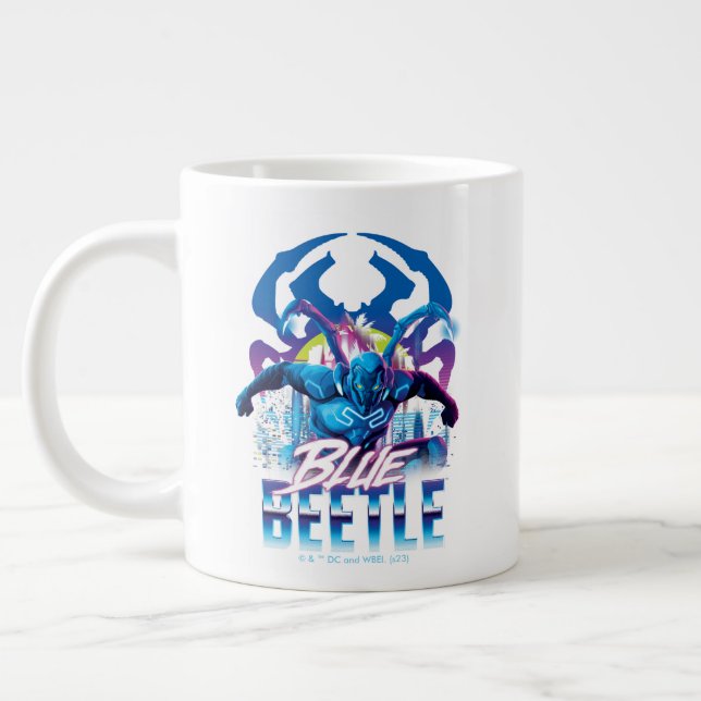Blue Beetle Retrowave City Sunset Large Coffee Mug (Left)