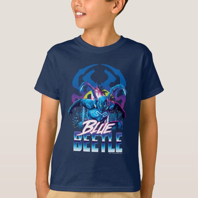 Blue Beetle Retrowave City Sunset T-Shirt (Front)