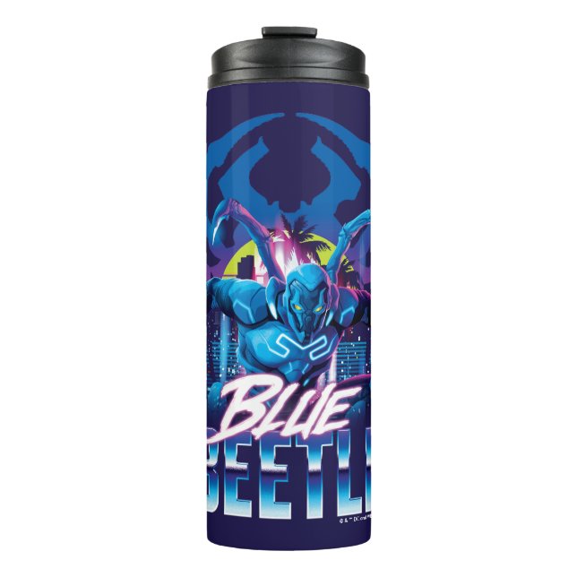 Blue Beetle Retrowave City Sunset Thermal Tumbler (Front)