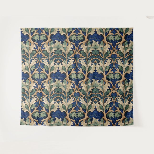 Blue, beige, and green stylized oak leaf pattern tapestry (Front (Horizontal))