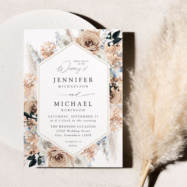 Blue & Beige Boho Floral Wedding V2 Invitation (Creator Uploaded)