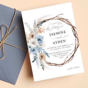 Blue & Beige Boho Floral Wreath Wedding Invitation