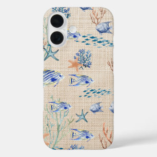 Blue Beige Coral And Fish Sealife iPhone 16 Case