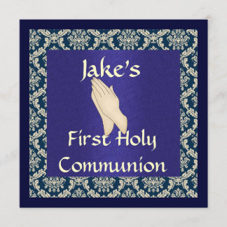 Blue & Beige DAMASK First Holy Communion INVITATIO Invitation