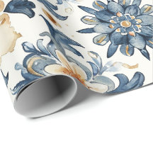 Blue & Beige Floral Tile Wrapping Paper, Antique 