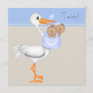 Blue Beige Gingham Stork Twin Boy Baby Shower Invitation