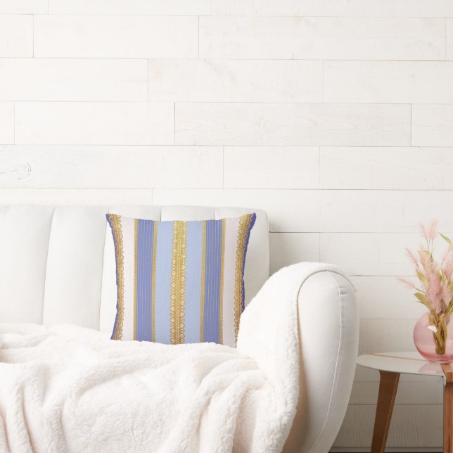 Blue, Beige, Gold Stripe Throw Pillow (Couch)