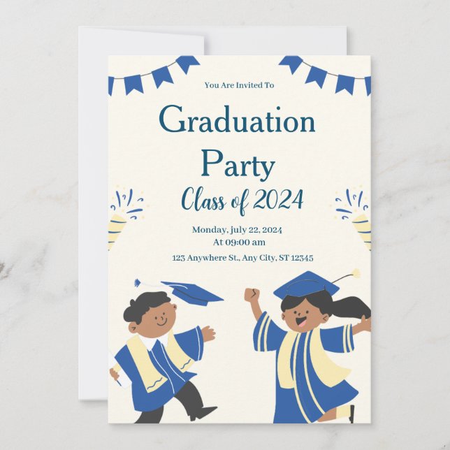 Blue beige Illustrative Graduation Party for kids Invitation (Front)