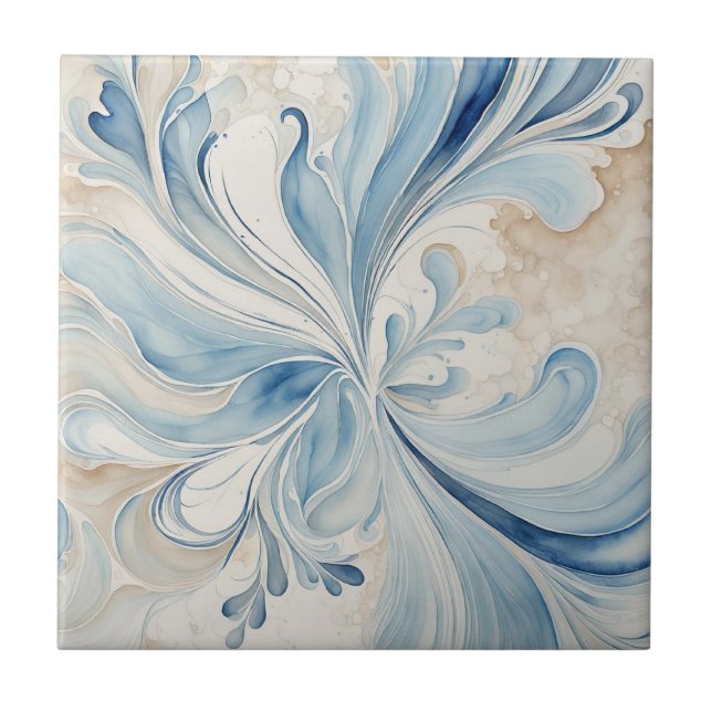 Blue Beige Leaves Ceramic Tile (Front)