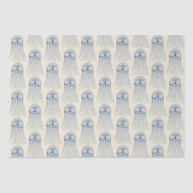 Blue Beige Marine Life Jellyfish Pattern Tissue Paper (Front)